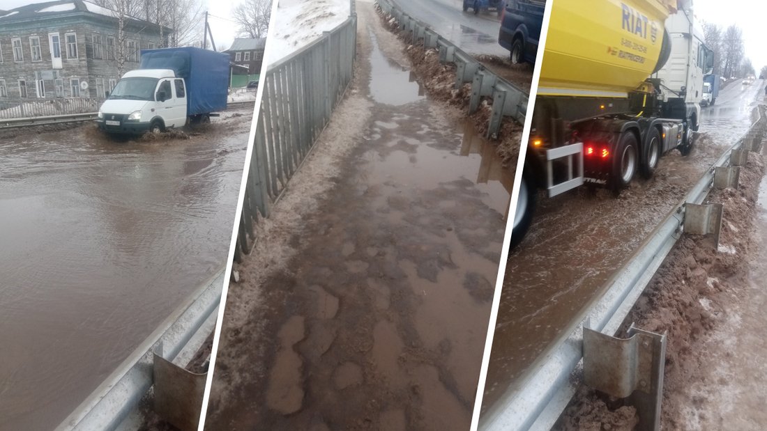 Талые воды затопили отремонтированный мост через ручей Вянг в Вытегре