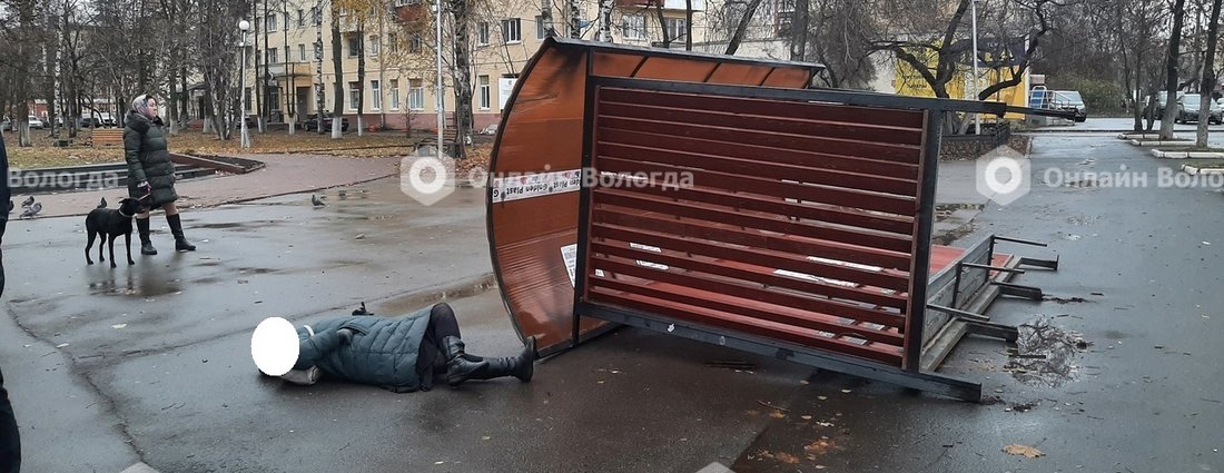 Пожилую женщину едва не прибило упавшей остановкой в Вологде