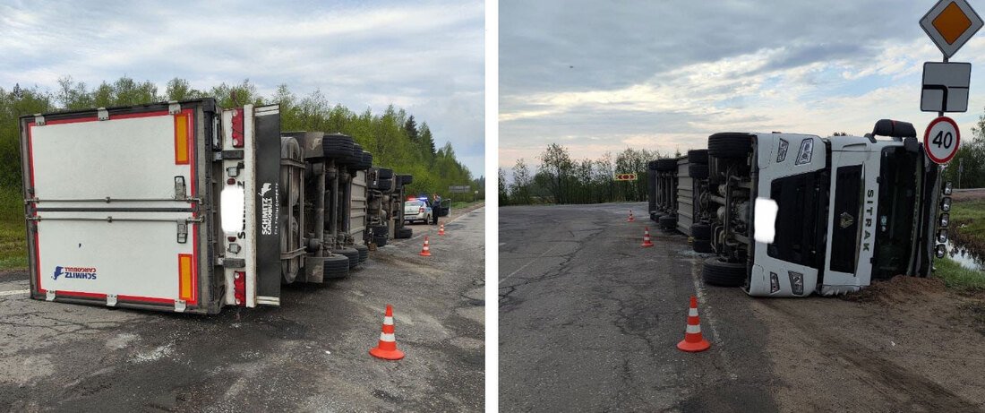 Фура опрокинулась на дороге под Великим Устюгом