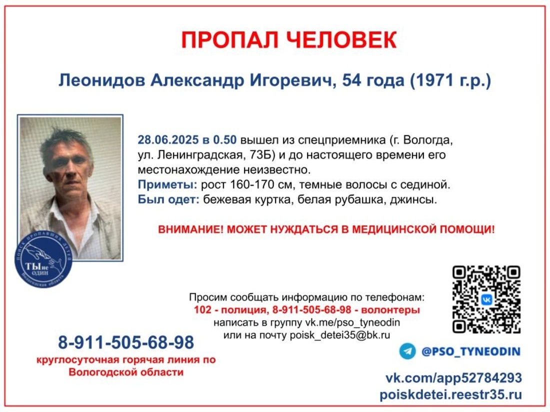 Уже вторую неделю идут поиски 54-летнего вологжанина