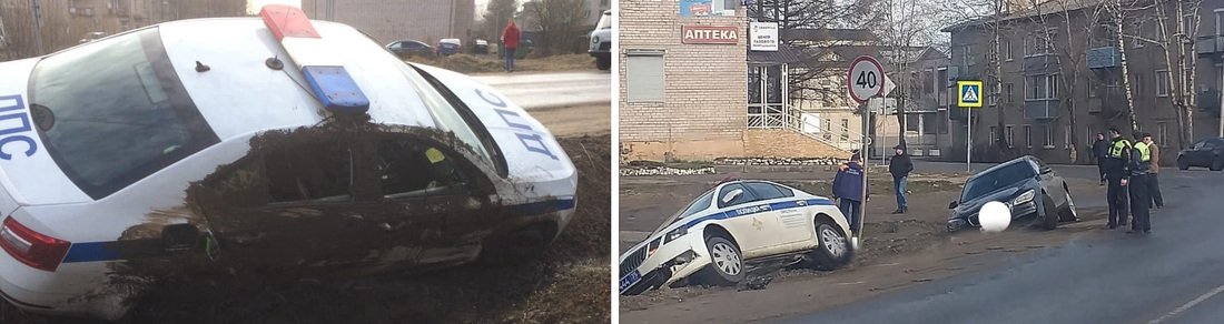 Полицейский автомобиль вылетел с дороги и перевернулся в Вытегре